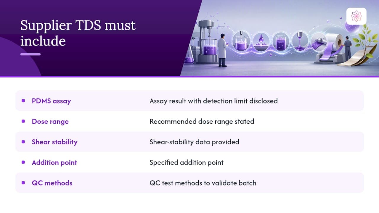 Five-field PSA defoamer TDS checklist