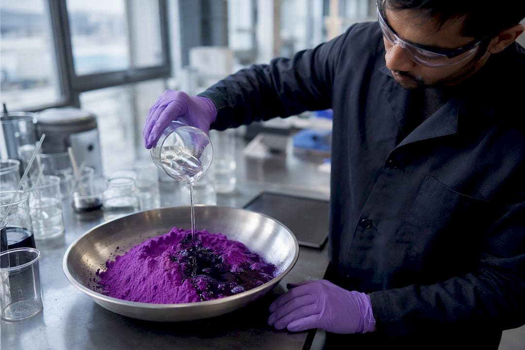 Technician pouring dispersant onto pigment in lab