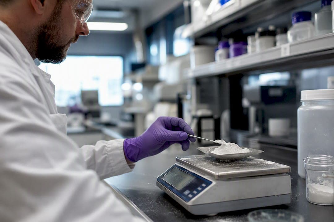 Technician weighing dispersant powder on scale
