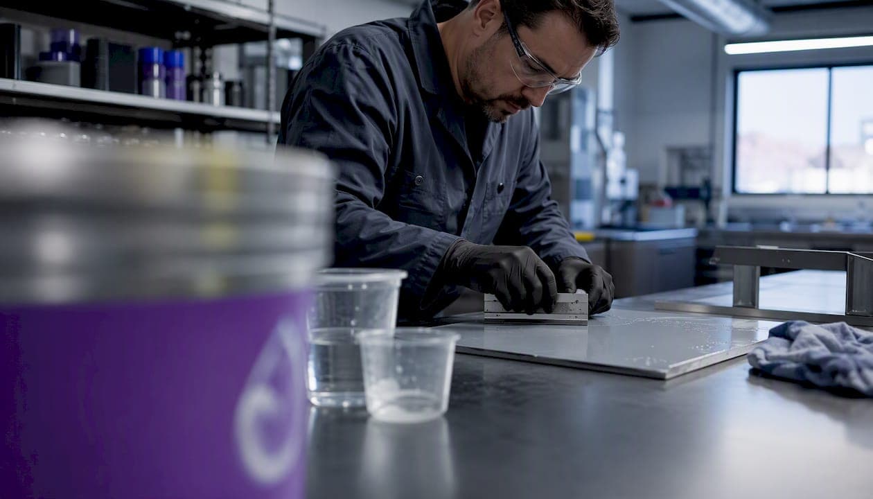 Technician adjusting wet coating film on test panel