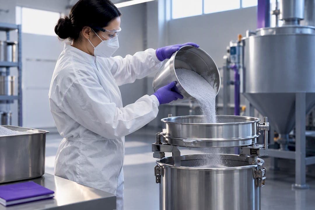Technician sieving loose powder coating material