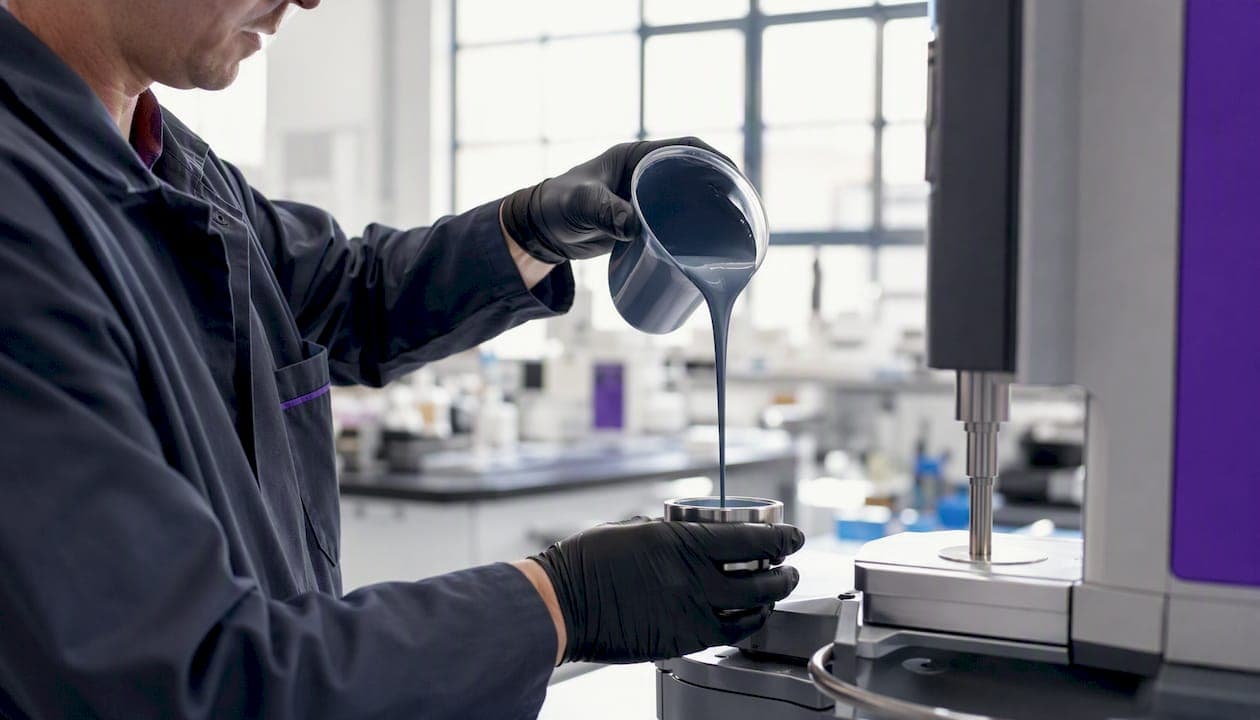 Technician pouring paint sample for rheology testing