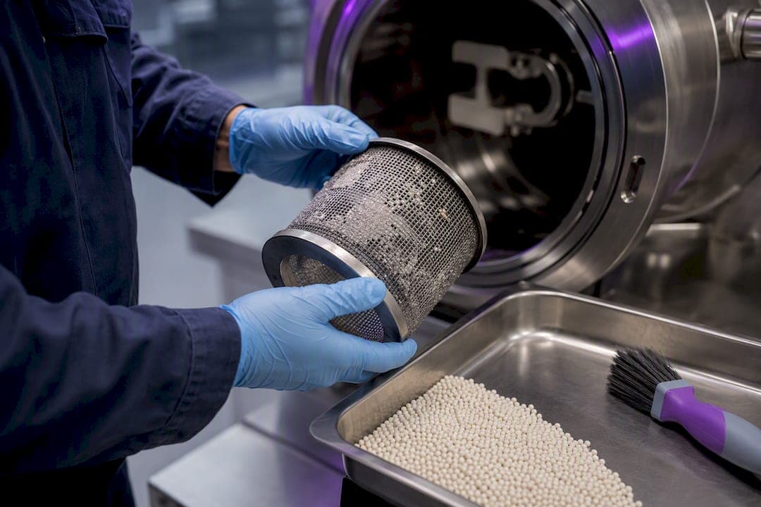 Technician inspecting bead mill separation screen