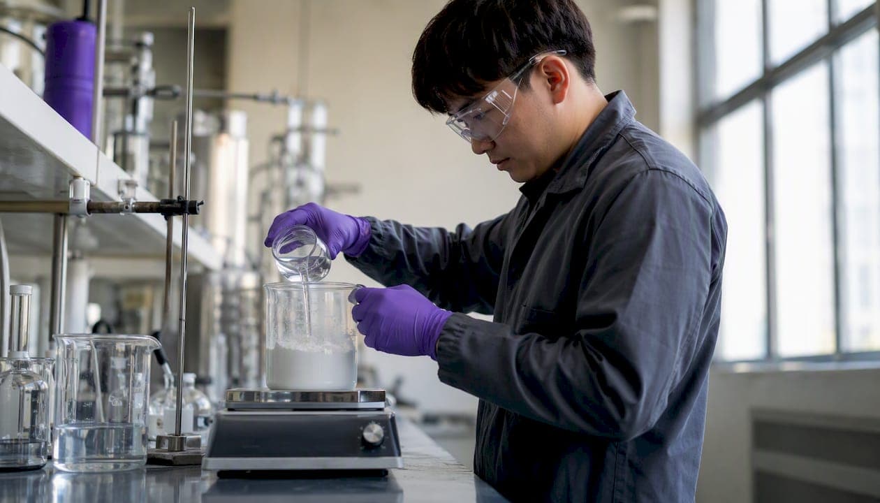 Technician pouring dispersant into TiO2 slurry