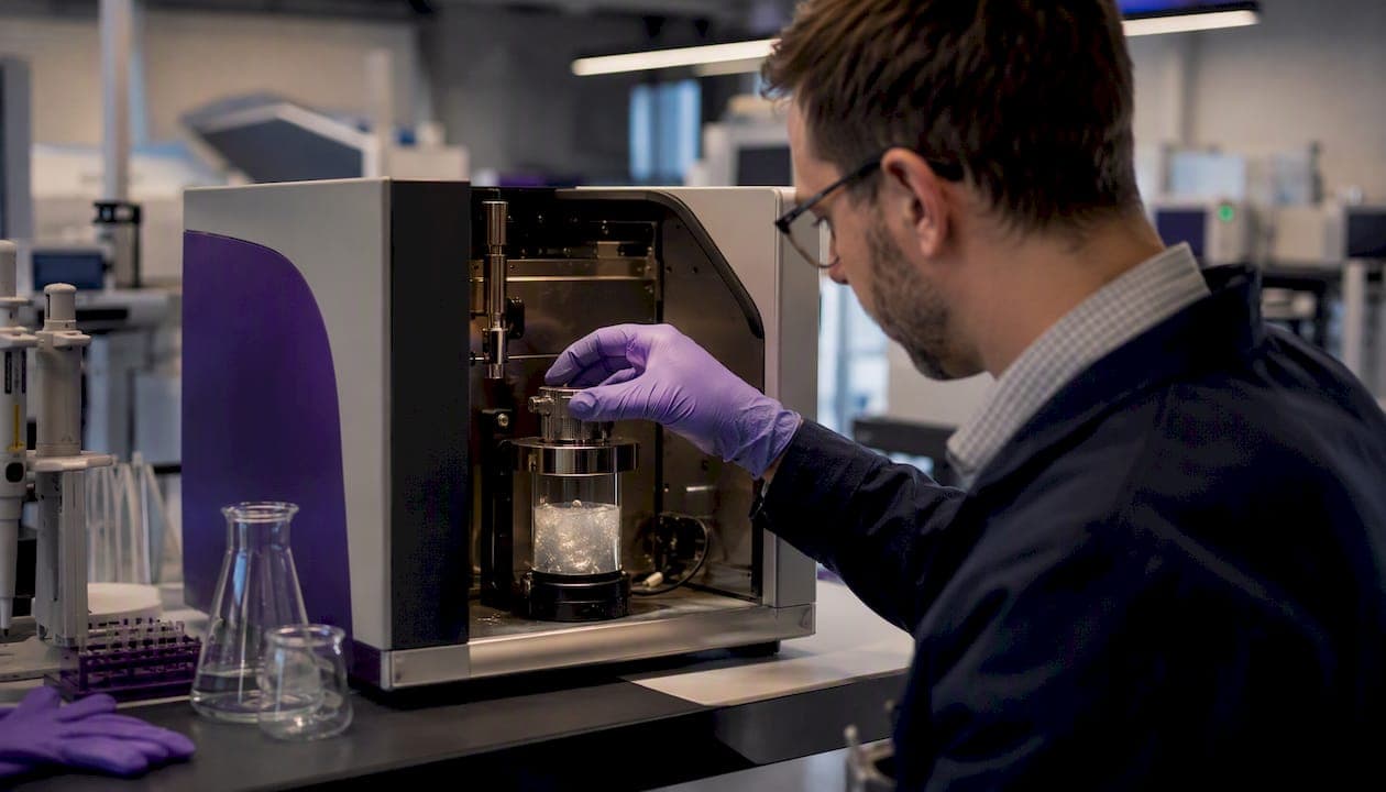 Hand setting up electroacoustic measurement device in laboratory