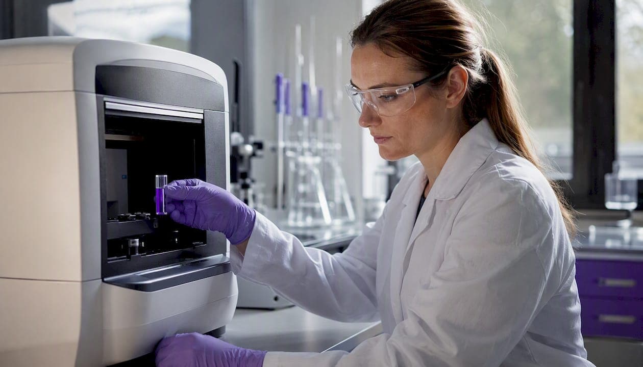 Hands inserting sample cell into electrophoretic light scattering instrument